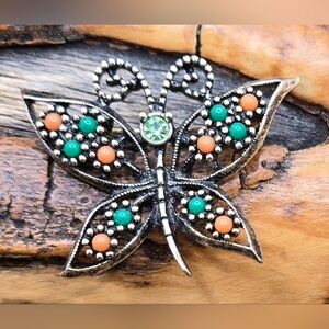 Sarah Coventry Butterfly Brooch Green Crystal & Acrylic Balls 1.5" X 1.75" EUC